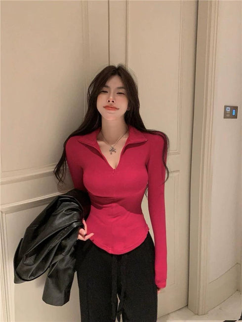 Collar Zip Up Long Sleeve Tops